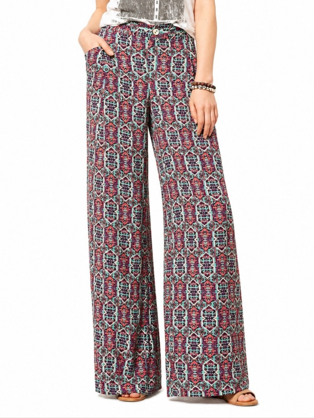 Elevenses South Shore Geometric Wide Leg Palazzo Pants Teal Pink Size 6